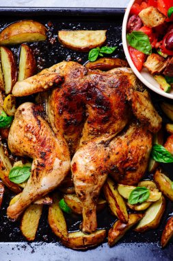 Patatesli spatchcock tavuğu ve fırın tepsisi ve panzanella salatası.