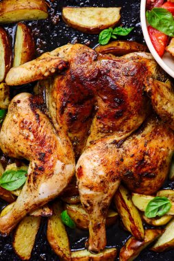 Patatesli spatchcock tavuğu ve fırın tepsisi ve panzanella salatası.