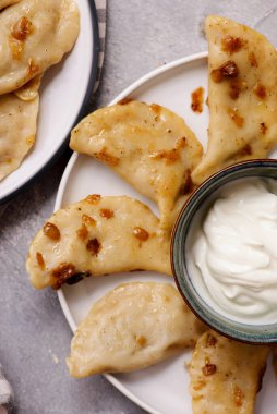 Ekşi kremalı ördek ve tabakta kızarmış soğanlı Pierogi. seçici odak