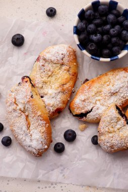 Yaban mersinli Polonya tatlısı ve üzerine pudra şekeri serpiştirilmiş streusel turtası. Stil sarılma.