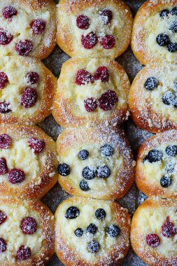 Polish sweet yeast Butter buns with vanilla pudding and berries and streusel sprinkled with powdered sugar .style hugge .top veiw.selective focus clipart