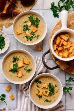 Kremalı mantar çorbası ve kızarmış ekmek kasesi. Stil sarılma. Seçici odaklanma.