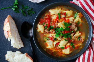 Orta Asya sebze çorbası ve küçük hamur köfteleri. En iyi sarılma şekli. Seçici odak noktası.