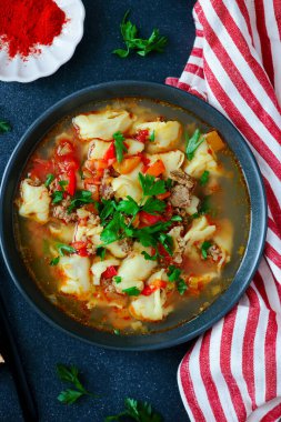 Orta Asya sebze çorbası ve küçük hamur köfteleri. En iyi sarılma şekli. Seçici odak noktası.