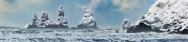 Γλάροι Χαίρονται Την Καταιγίδα Στο Basalt Sea Stacks Reynisdrangar Κοντά — Φωτογραφία Αρχείου