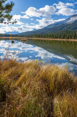 Kanada 'nın Alberta, Kanada, Parkway' deki Rampart Göletleri 'ndeki Kanada Kayalıkları' nın karlı tepelerinin yansımaları..