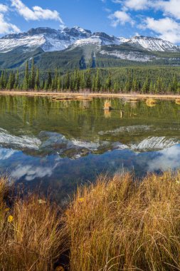 Kanada 'nın Alberta, Kanada, Parkway' deki Rampart Göletleri 'ndeki Kanada Kayalıkları' nın karlı tepelerinin yansımaları..