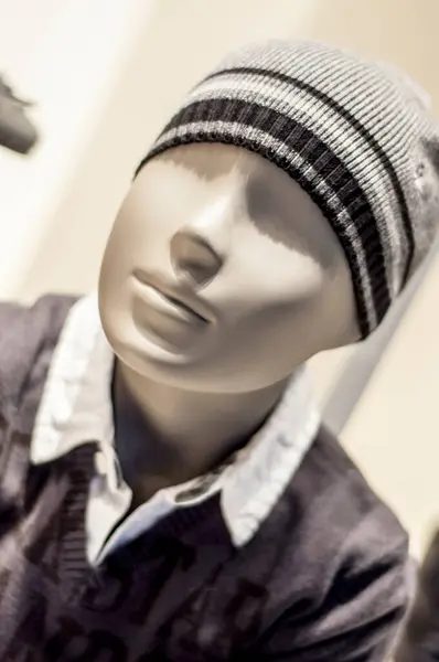 Close Mannequin Head Wearing Striped Beanie Layered Collared Shirt Dark — Stock Photo, Image