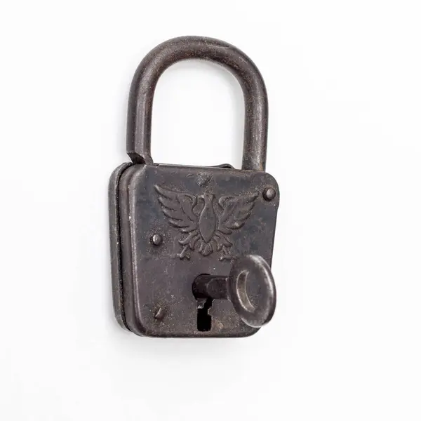 Antique Padlock Key Isolated White Background Conceptual Security Aged Charm — Stock Photo, Image