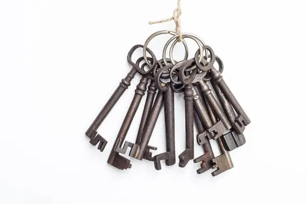 Collection Old Keys Hangs Piece Twine Keys Various Sizes Styles — Stock Photo, Image
