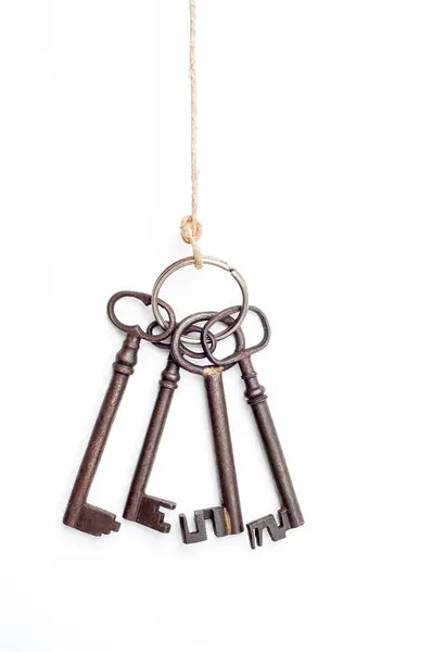 Bundle Antique Metal Keys Dangle String Showcasing Rustic Charm Vintage — Stock Photo, Image