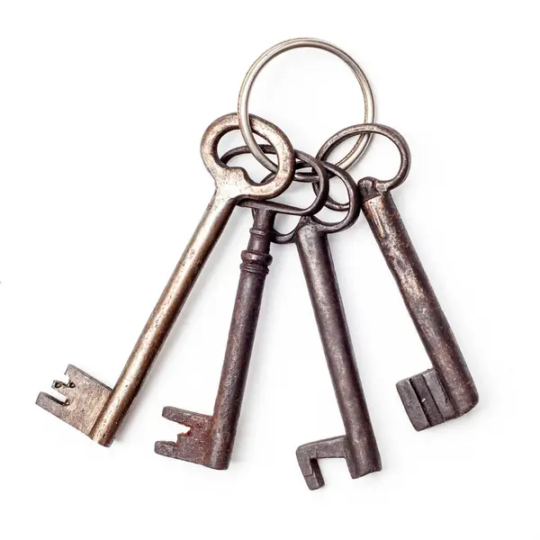 Rustic Metal Keys Isolated White Background Antique Lock Openers — Stock Photo, Image