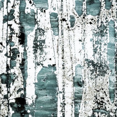 Grunge dokusu örtüşüyor. Yıpranmış boyalı metal bir yüzeye yakın çekim. Bir zamanlar canlı olan renkler solmuş, paslanma ve yıpranma izleri ortaya çıkmış. Doku pürüzlü, çatlaklar ve soyulmuş boyayla. Endüstriyel veya grunge-th için ideal