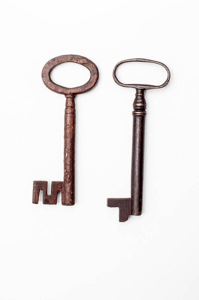 Rustic Metal Keys isolated on a white Background. Antique Lock Openers