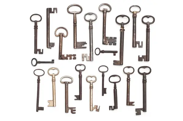 Kolekce Starožitných Klíčů Bílém Pozadí Klíče Jsou Různé Velikosti Styly Royalty Free Stock Obrázky