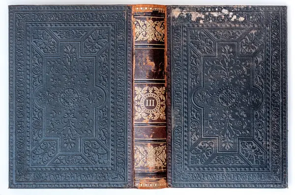 Livro Antigo Possui Uma Capa Intrincada Relevo Exibindo Padrões Desenhos Imagem De Stock