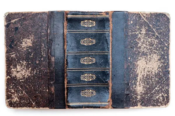 Antik Bir Kitap Kapağının Yakın Çekimi Benzersiz Bir Doku Benekli Stok Resim