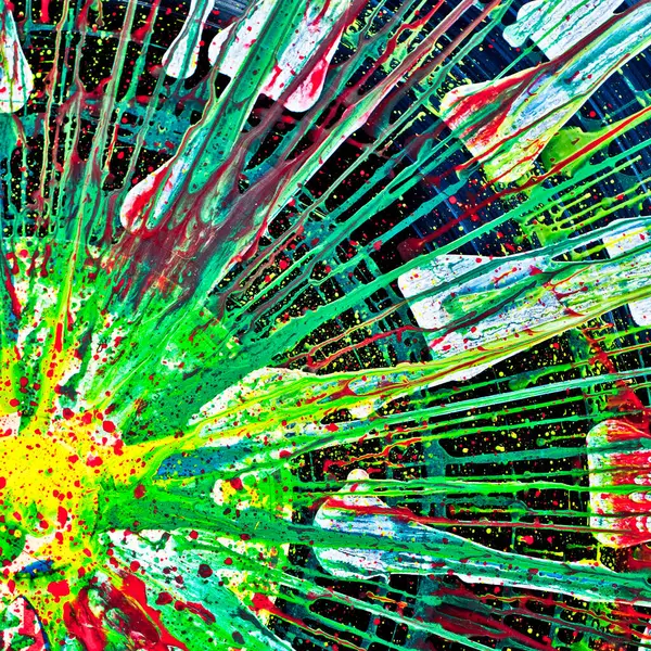 アクリルペイントスプラッターの活気に満ちたダイナミックな爆発が抽象的なアートワークを生み出し 中心点から放射される明るい色の混合物を展示します ストック画像