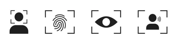  Biyometrik kimlik doğrulama simgeleri. Yüz, göz, parmak izi ve ses tanıma. Vektör illüstrasyonu
