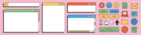 PC user interface from the 90s. Retro style. Nostalgic icons and windows. Old design. Vector illustration