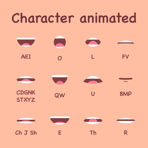 Animation lip sync set. Cartoon talking mouth for character. English pronunciation of words. Vector illustration.