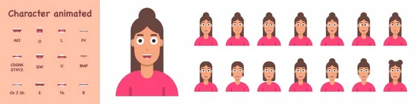 Character lip sync set. Cartoon young woman with different emotions and hairstyle. Mouth and lips for sound pronunciation. Flat style. Vector illustration.