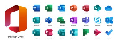 Microsoft Office icons. Application logos. Big set. Vector. Word, excel, outlook, powerpoint, etc. VINNITSA, UKRAINE - APRIL 28, 2022 clipart