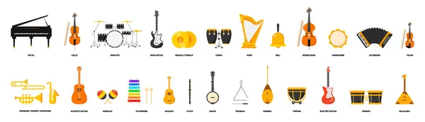Набор Музыкальных Инструментов Именами Гитара Фортепиано Скрипка Барабаны Вектор — стоковый вектор