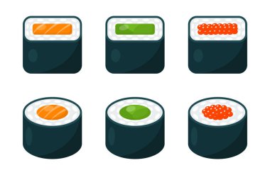Suşi seti. Japon mutfağı. Vektör