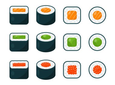 Suşi ikonları. Japon mutfağı. Vektör