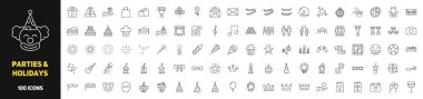 Parti seti ve tatil ikonları. Doğum günleri ve tatil etkinlikleri. Vektör illüstrasyonu