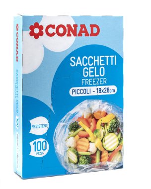 Conad Sacchetti Gelo, beyaz arka planda izole edilmiş 100 plastik poşet.