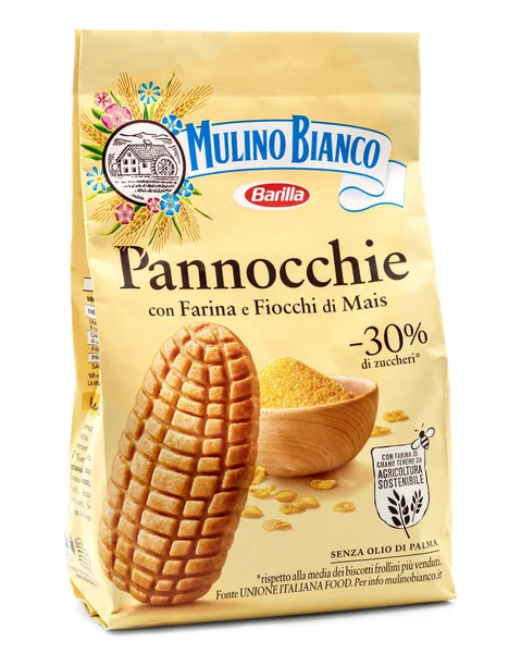 Barilla Mulino Bianco Pannocchie, beyaz arka planda izole edilmiş bir paket bisküvi.