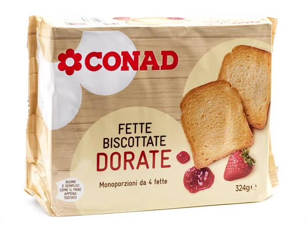 Conad Fette biscotate dorat, rusks paketi, beyaz arka planda izole edilmiş İtalyan ürünü