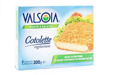 Valsoia Cotolette Vegetariane, donmuş vejetaryen pirzola paketi, beyaz arka planda İtalyan ürünü.