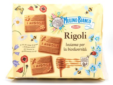 Barilla Mulino Bianco Rigoli bisküvileri, beyaz arka planda paket