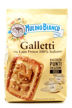 Barilla Mulino Bianco Galletti bisküvileri, beyaz arka planda paketleyin