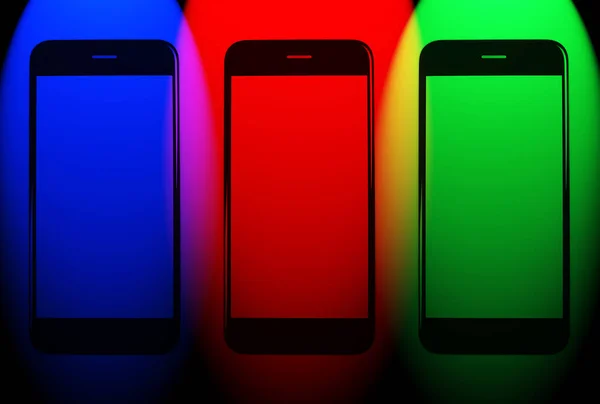 Smartphone Disinari Oleh Lampu Sorot Warna Rgb Templat Perangkat Menyalin — Stok Foto