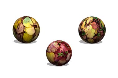 Beyaz arkaplanda Hazel ağacının sonbahar yapraklarının üç boyutlu küreleri.