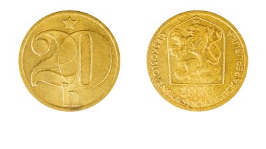 Eski Çekoslovakya 20 Heller madeni parası 1978 ters ve beyaz arka plan, makro yakın çekim