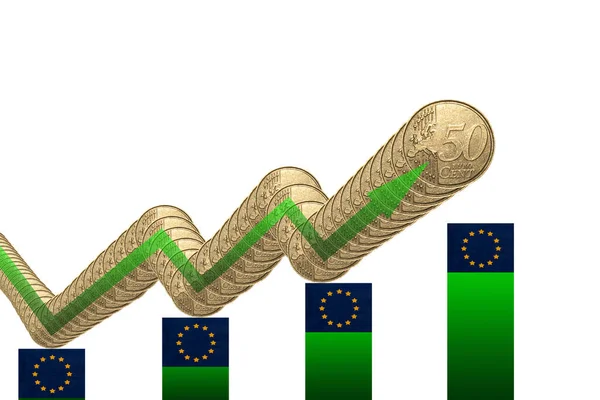 Рост Монеты Пятьдесят Евро Зеленой Стрелкой Прямоугольных Баров Флагами Европейского — стоковое фото