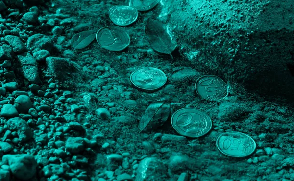 Euromünzen Auf Kaltblauer Schlammiger Wasseroberfläche — Stockfoto