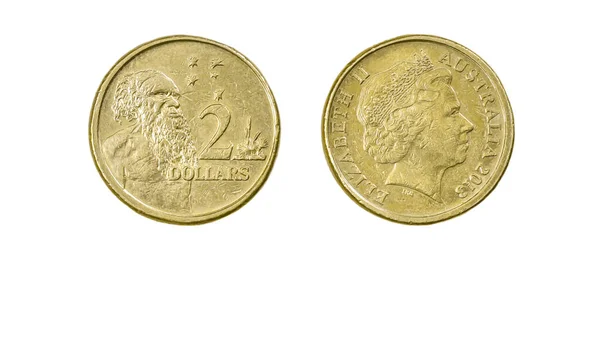Avustralya iki dolar bozuk para ters ve beyaz arka planda ters yüz