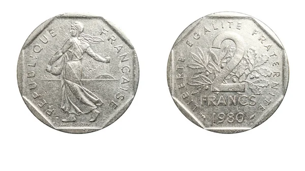 Подлинная Французская Монета Франка 1980 Года Аверс Обратная Сторона Белом — стоковое фото