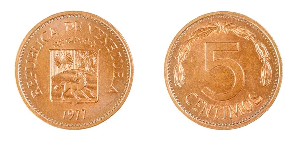 stock image authentic Venezuelan 5 Centimos coin Bolivar currency year 1977 obverse and reverse side on white background,macro close up