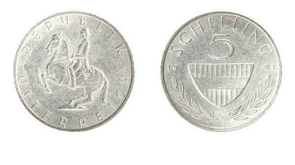 stock image authentic Austrian 5 schilling coin year 1987 obverse and reverse side on white background,macro close up