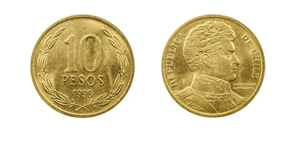 Chile Érme Peso 1996 Obverz Fordított Oldalán Fehér Alapon Makró — Stock Fotó