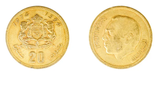 Autentický Marocký Centimetrů Mince Rok 1974 Lícní Rubová Strana Bílém — Stock fotografie