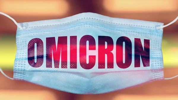 Soyut ortamda Omicron metni olan koruyucu yüz maskesi, covid değişken konsept resmi