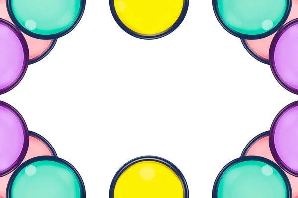 Marco Lentes Colores Círculos Vidrio Animado Espacio Copia Plantilla Sobre —  Fotos de Stock